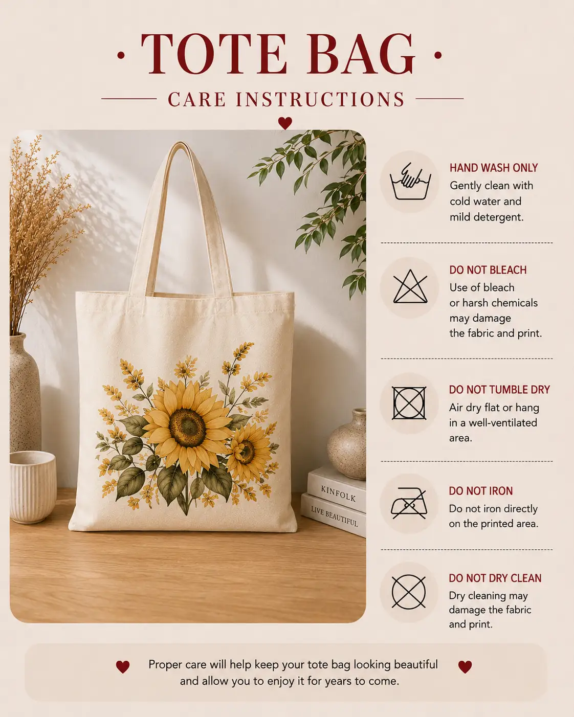 sunflower-tote-bag-mockup-04 Sunflower bouquet print detail on cotton tote - Toronto custom printing - care instructions