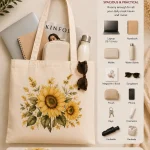 sunflower-tote-bag-mockup-11 Sunflower and wildflower tote bag - custom printed in North York Toronto - what fits