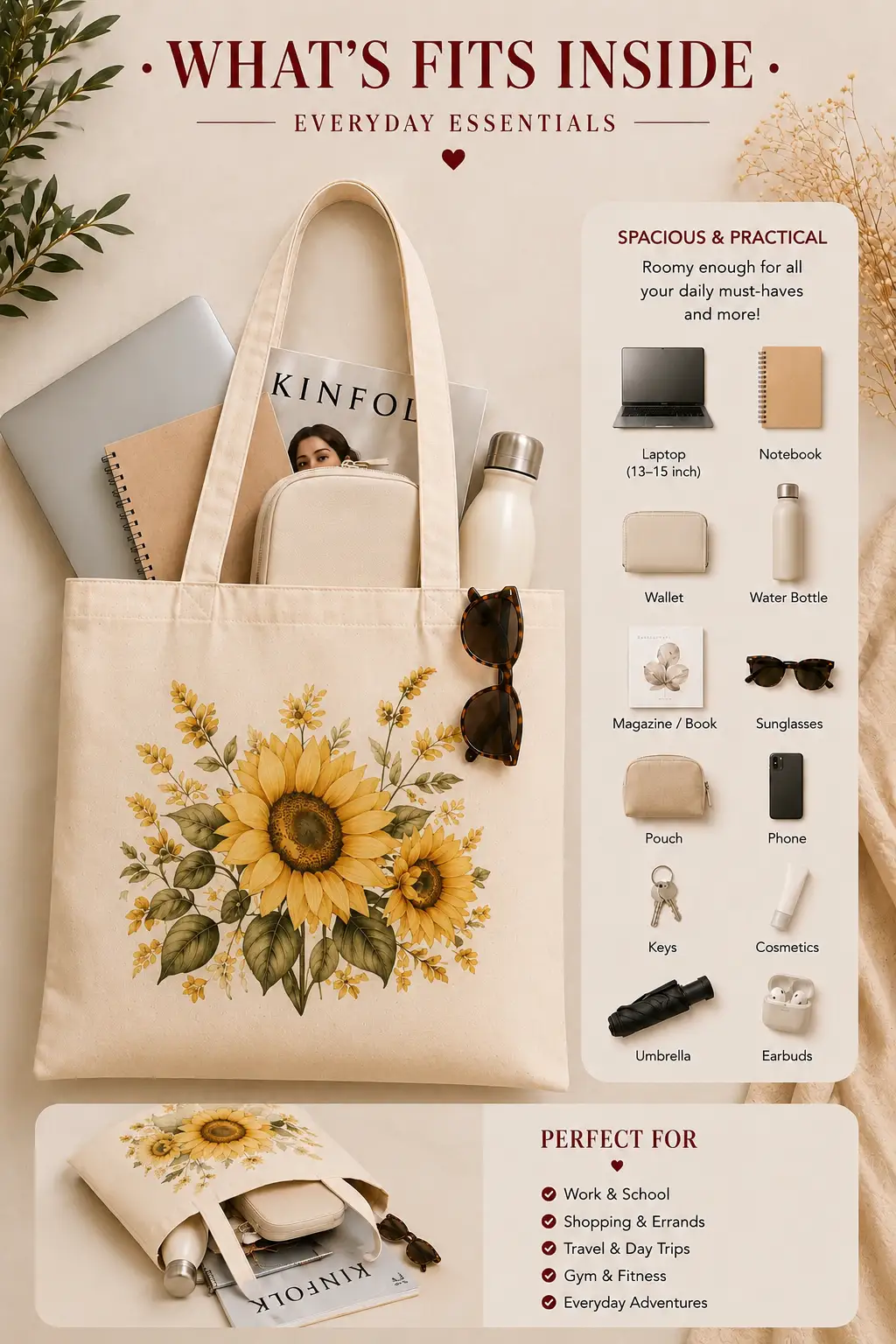 sunflower-tote-bag-mockup-11 Sunflower and wildflower tote bag - custom printed in North York Toronto - what fits