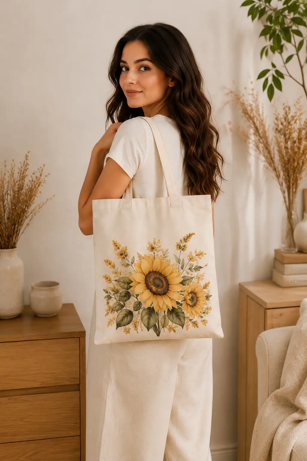 sunflower-tote-bag-mockup-12 Sunflower canvas tote styled with dried flowers - botanical gift idea Canada