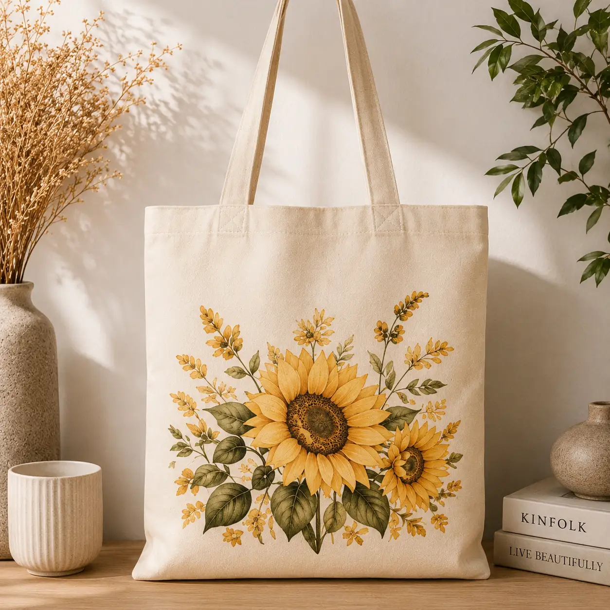 sunflower-tote-bag-styled-02 Botanical sunflower tote bag styled on a table - cheerful everyday bag Canada