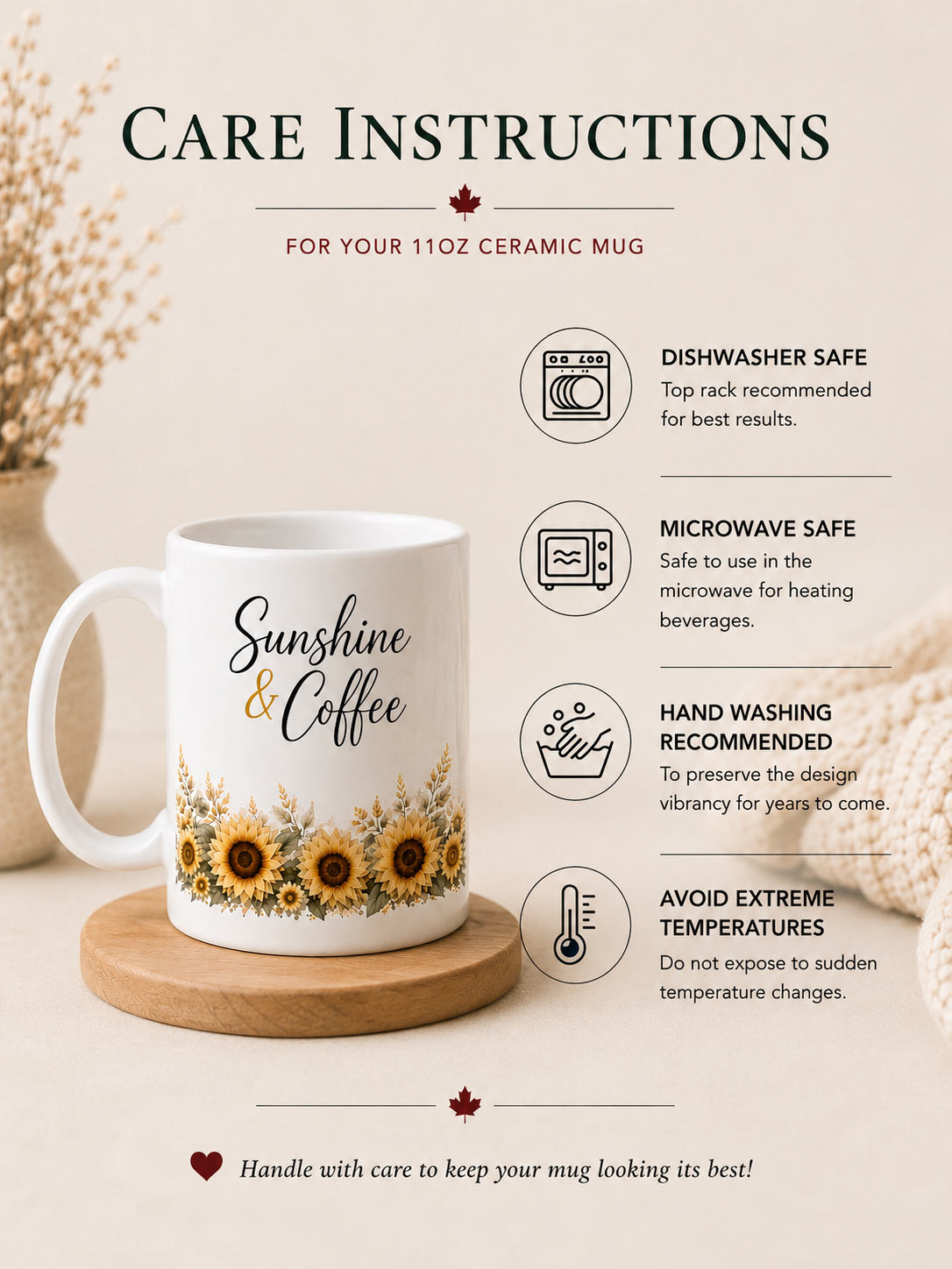 Sunshine & Coffee Mug — 11oz Sunflower Ceramic Mug - care instructions - PrintMyVibe Toronto