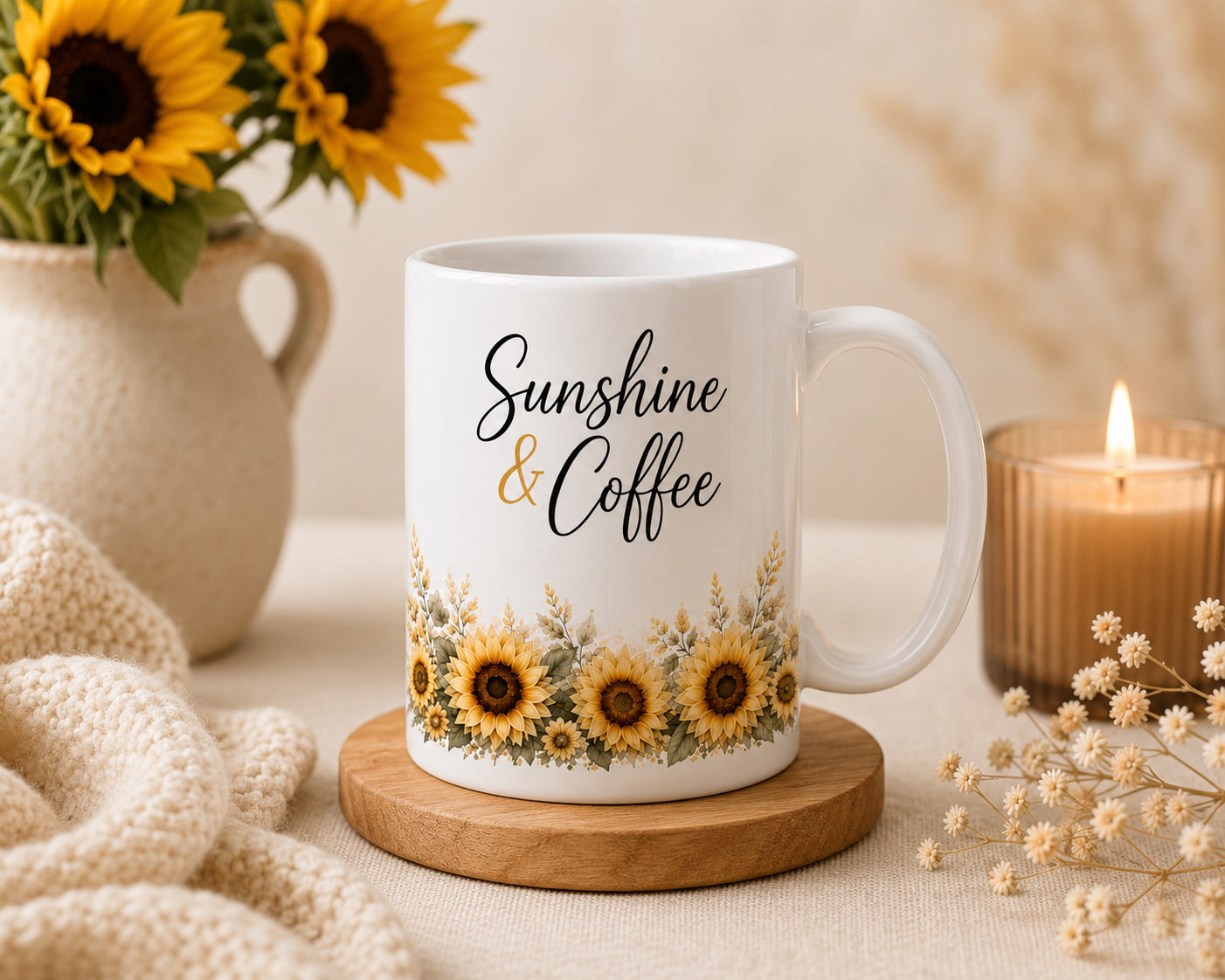 Sunshine & Coffee Mug — 11oz Sunflower Ceramic Mug - product photo - PrintMyVibe Toronto