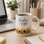 Sunshine & Coffee Mug — 11oz Sunflower Ceramic Mug - on a desk - PrintMyVibe Toronto