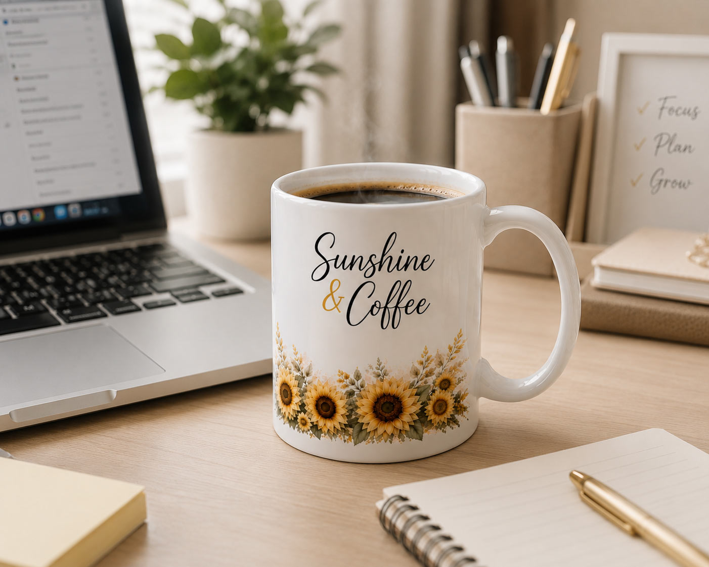 Sunshine & Coffee Mug — 11oz Sunflower Ceramic Mug - on a desk - PrintMyVibe Toronto