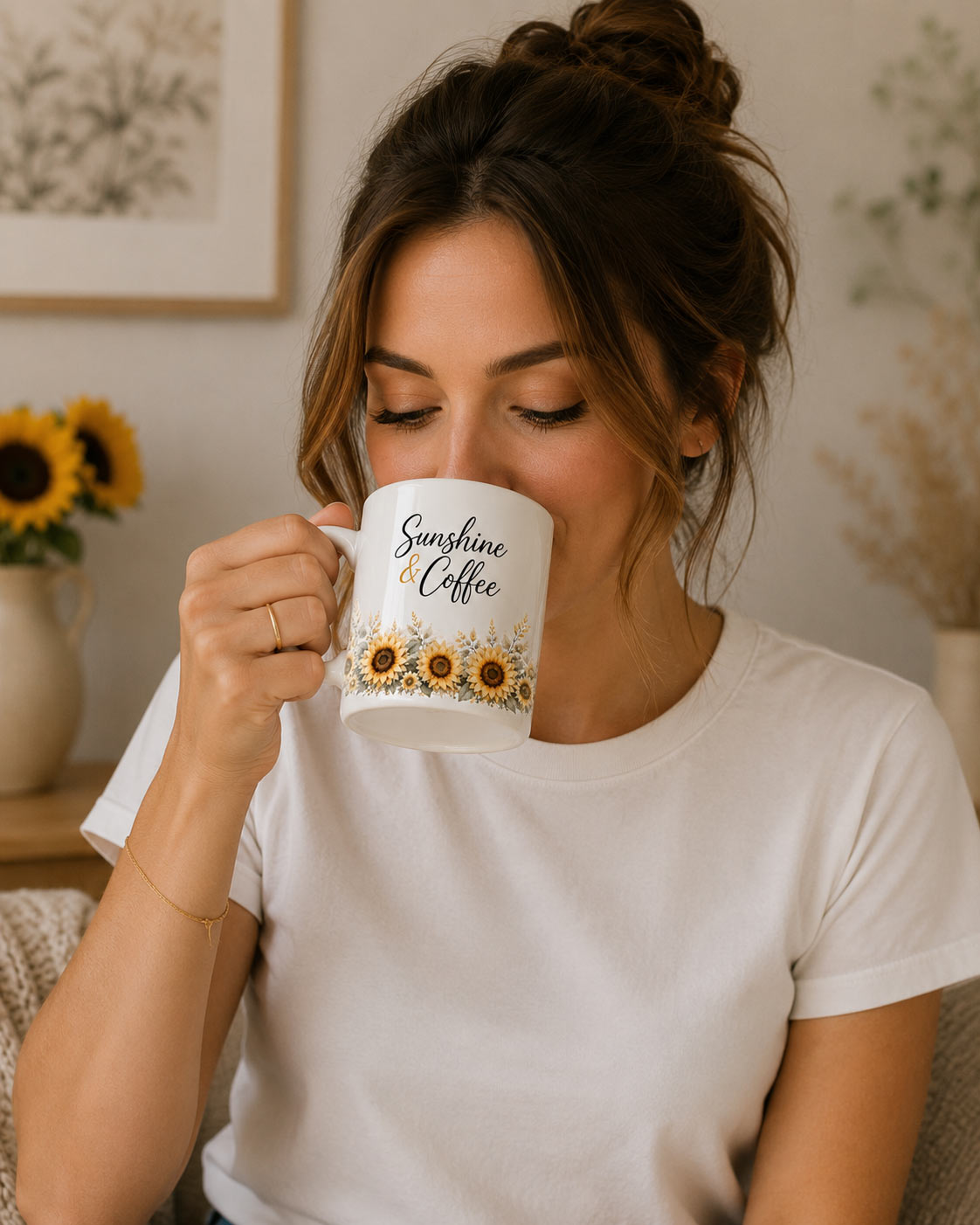 Sunshine & Coffee Mug — 11oz Sunflower Ceramic Mug - being used - PrintMyVibe Toronto