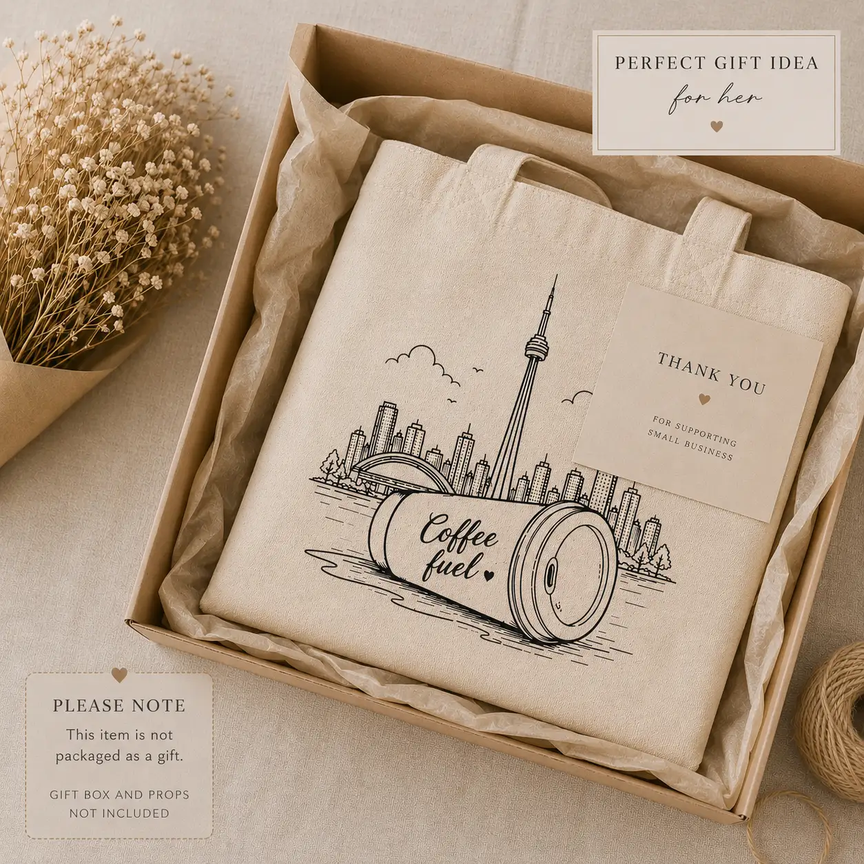 toronto-coffee-fuel-tote-bag-mockup-03 CN Tower coffee cup canvas tote close-up - line art detail as gift idea