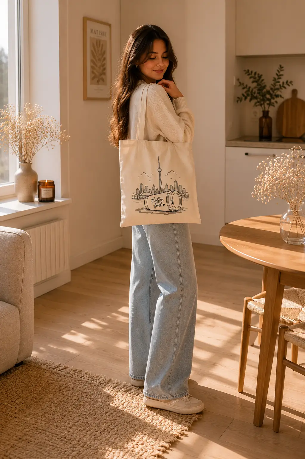 toronto-coffee-fuel-tote-bag-model Woman carrying Coffee Fuel canvas tote with Toronto skyline and coffee cup design - PrintMyVibe Toronto