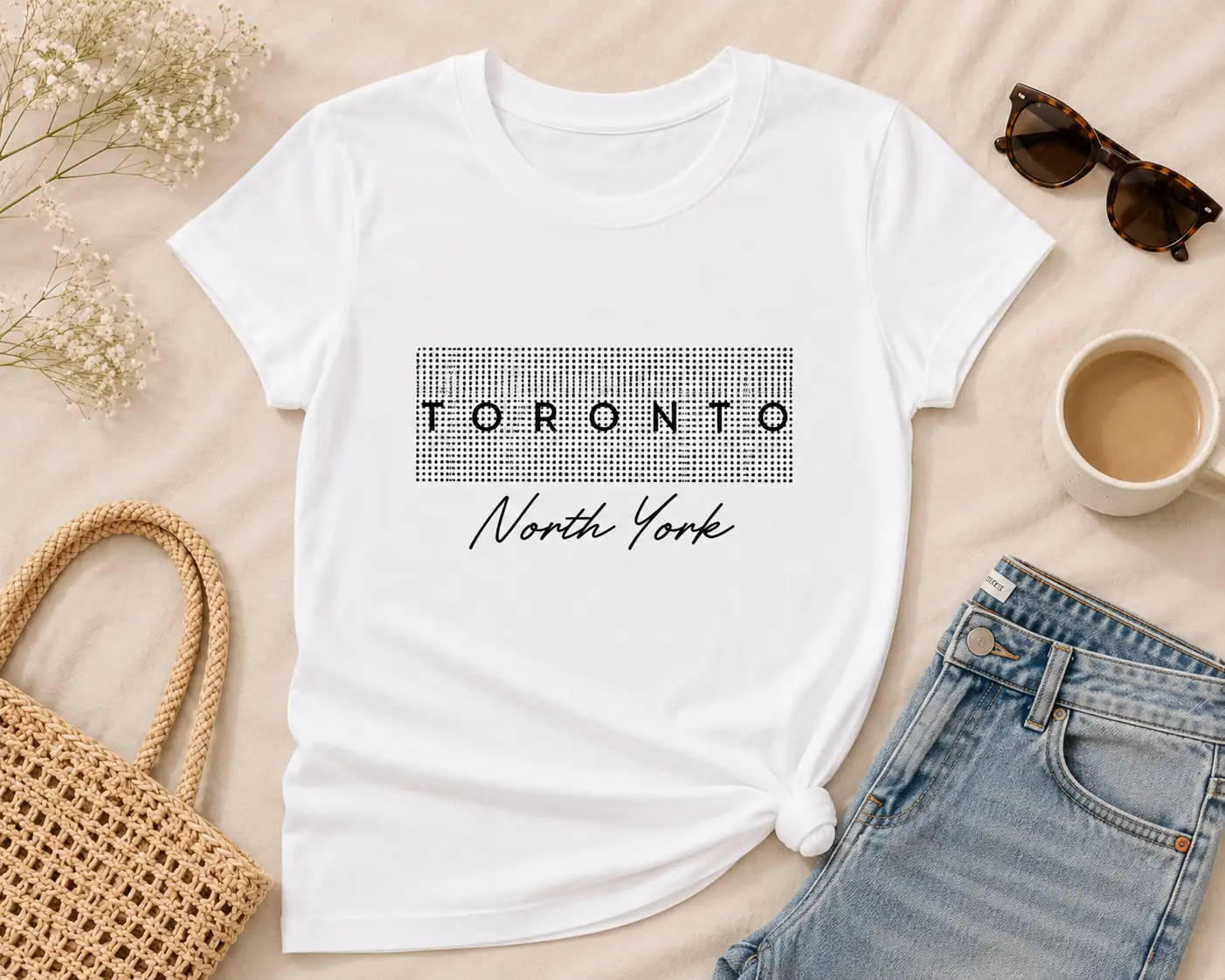 White Toronto North York fitted tee flat lay - houndstooth Toronto design GTA