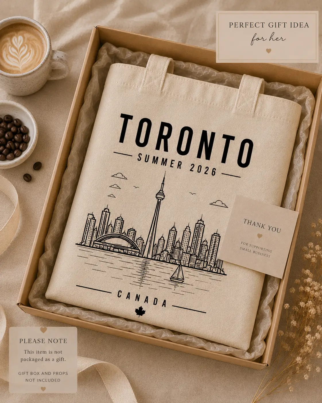 toronto-summer-2026-tote-bag-gift-box Toronto Summer 2026 CN Tower skyline canvas tote styled in gift box idea - PrintMyVibe Toronto