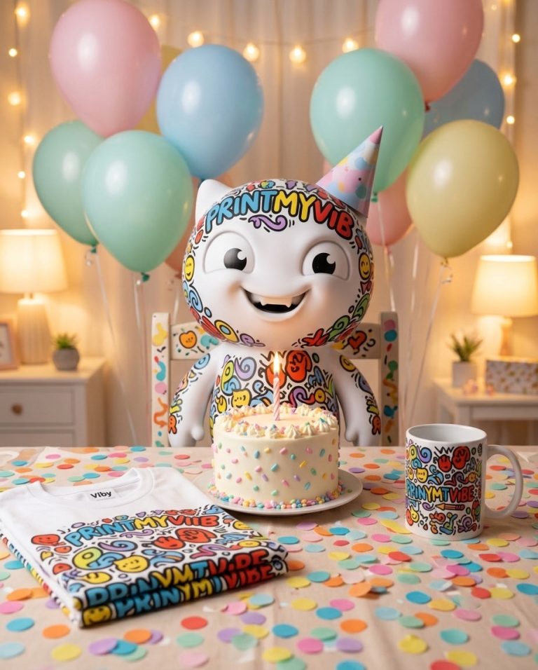 Viby the PrintMyVibe mascot celebrating with custom birthday gifts