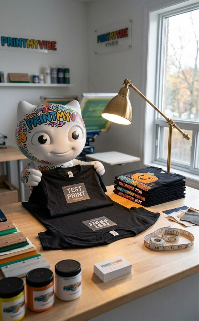 Viby the PrintMyVibe mascot checking a folded custom t-shirt in the North York studio, Toronto
