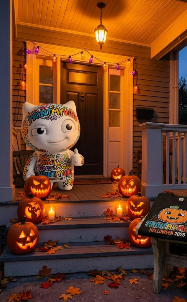 Viby the PrintMyVibe mascot in an autumn Halloween scene with a custom tee and mug, Toronto