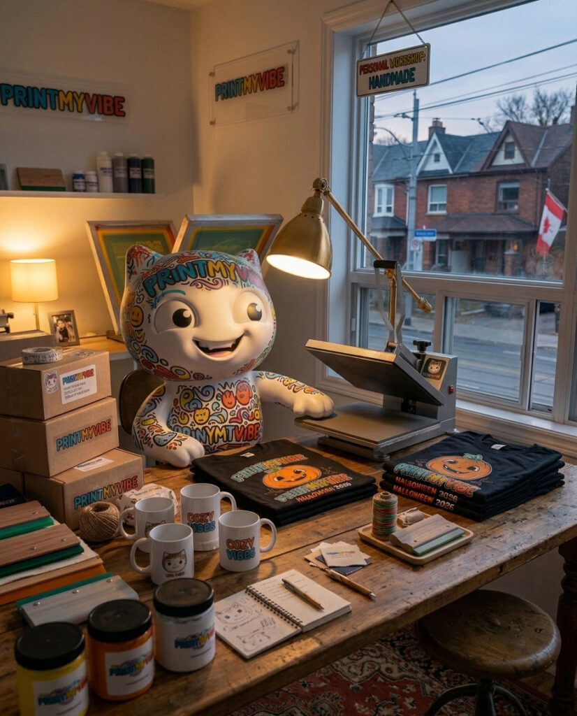 Viby the PrintMyVibe mascot in the North York Toronto studio beside a heat press and finished orders