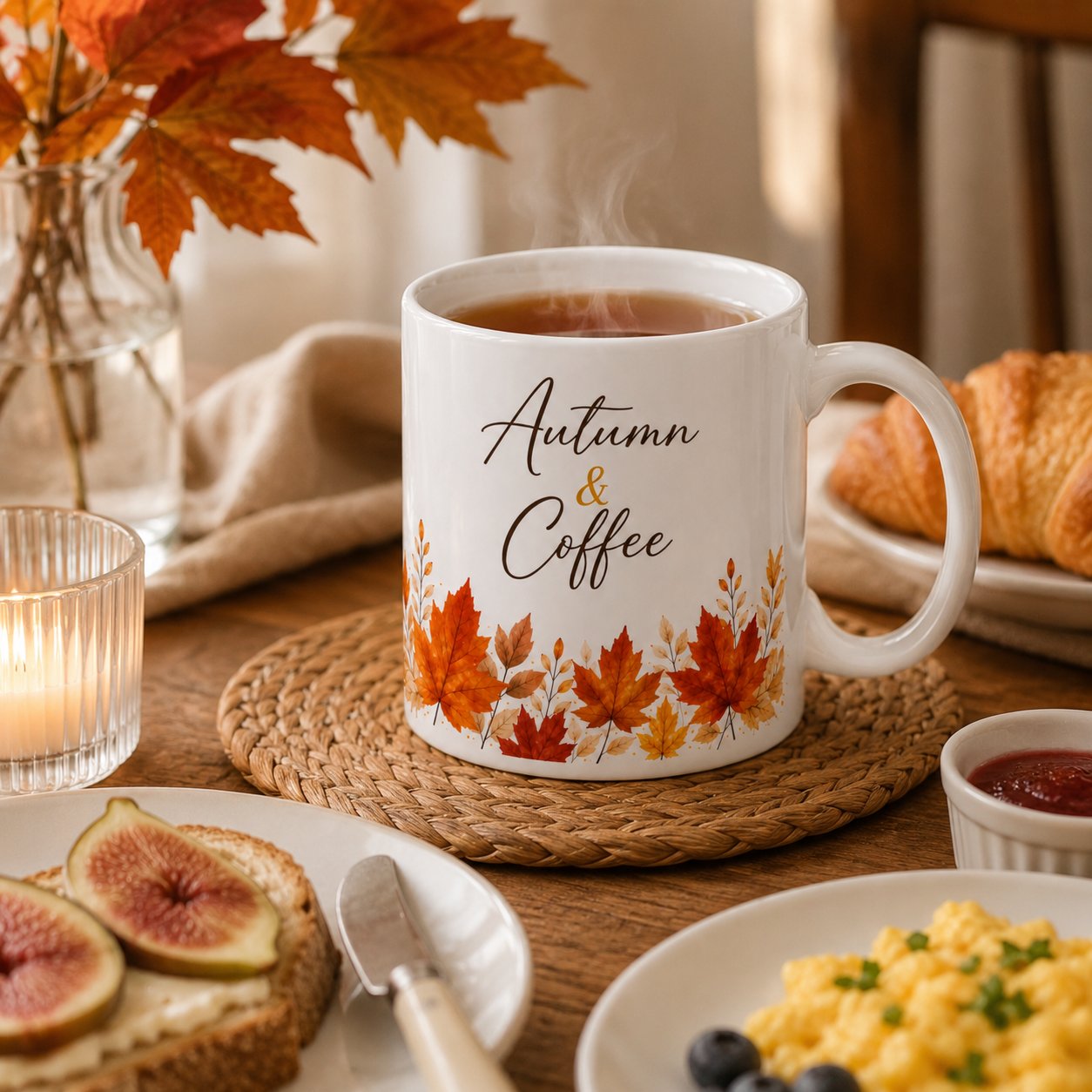 autumn-and-coffee-mug-breakfast Autumn & Coffee mug on a breakfast table with figs and a croissant - fall ceramic mug Canada