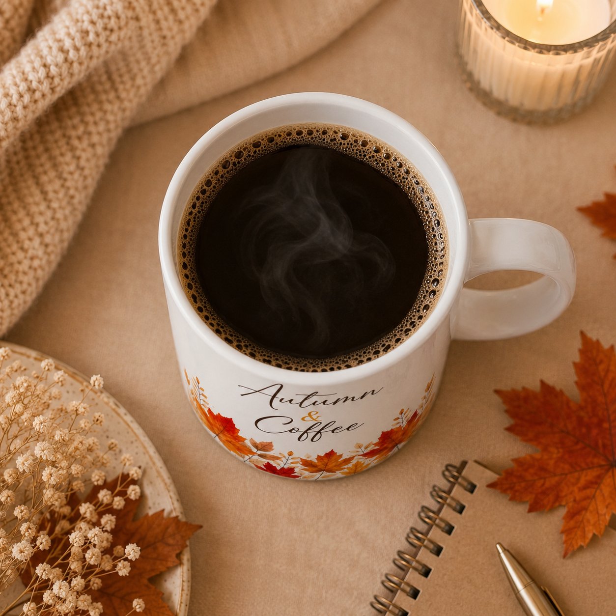 autumn-and-coffee-mug-coffee-flatlay Autumn & Coffee mug filled with coffee, flat lay with maple leaves and a notebook