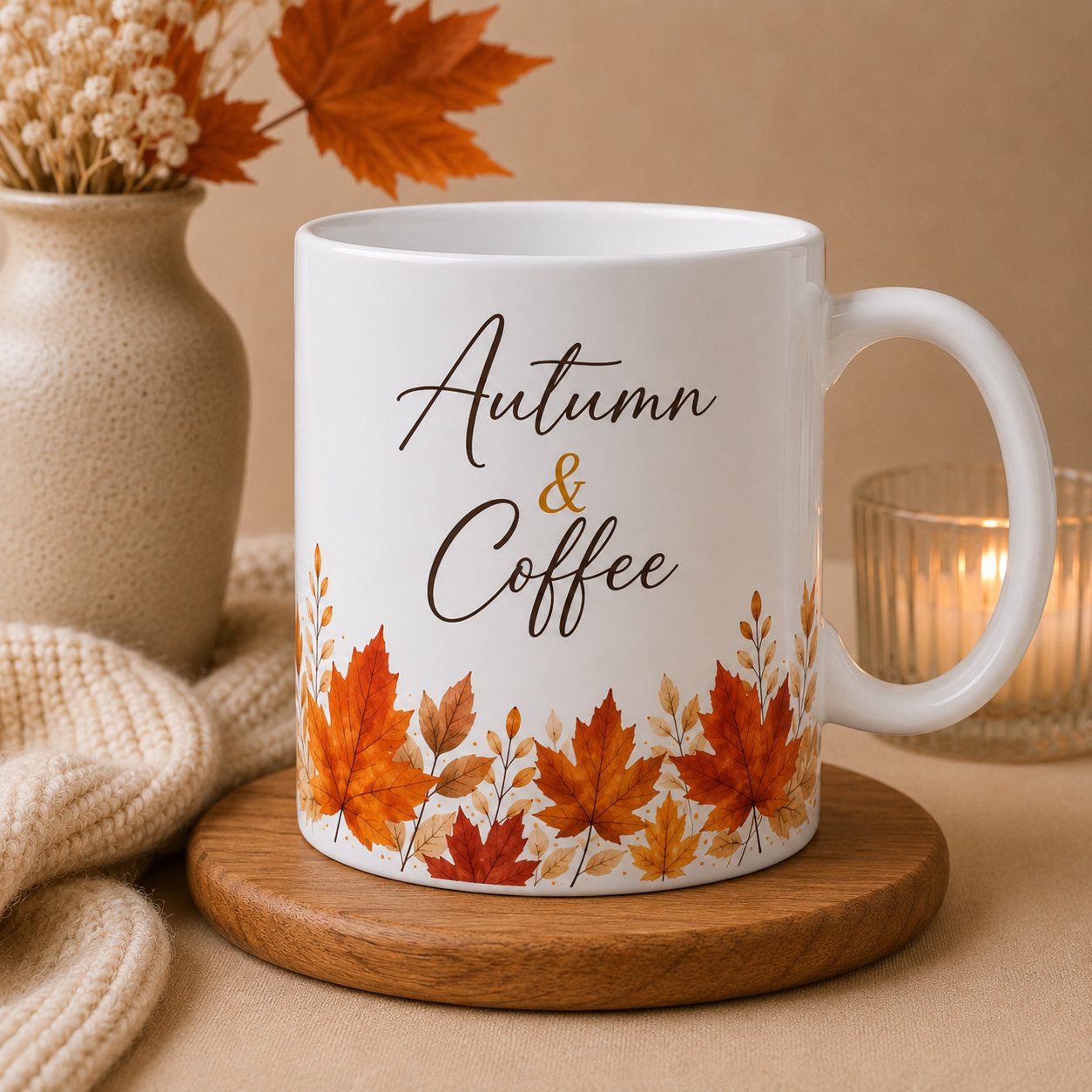 autumn-and-coffee-mug-cozy Autumn & Coffee mug beside dried flowers and a candle - warm autumn ceramic mug