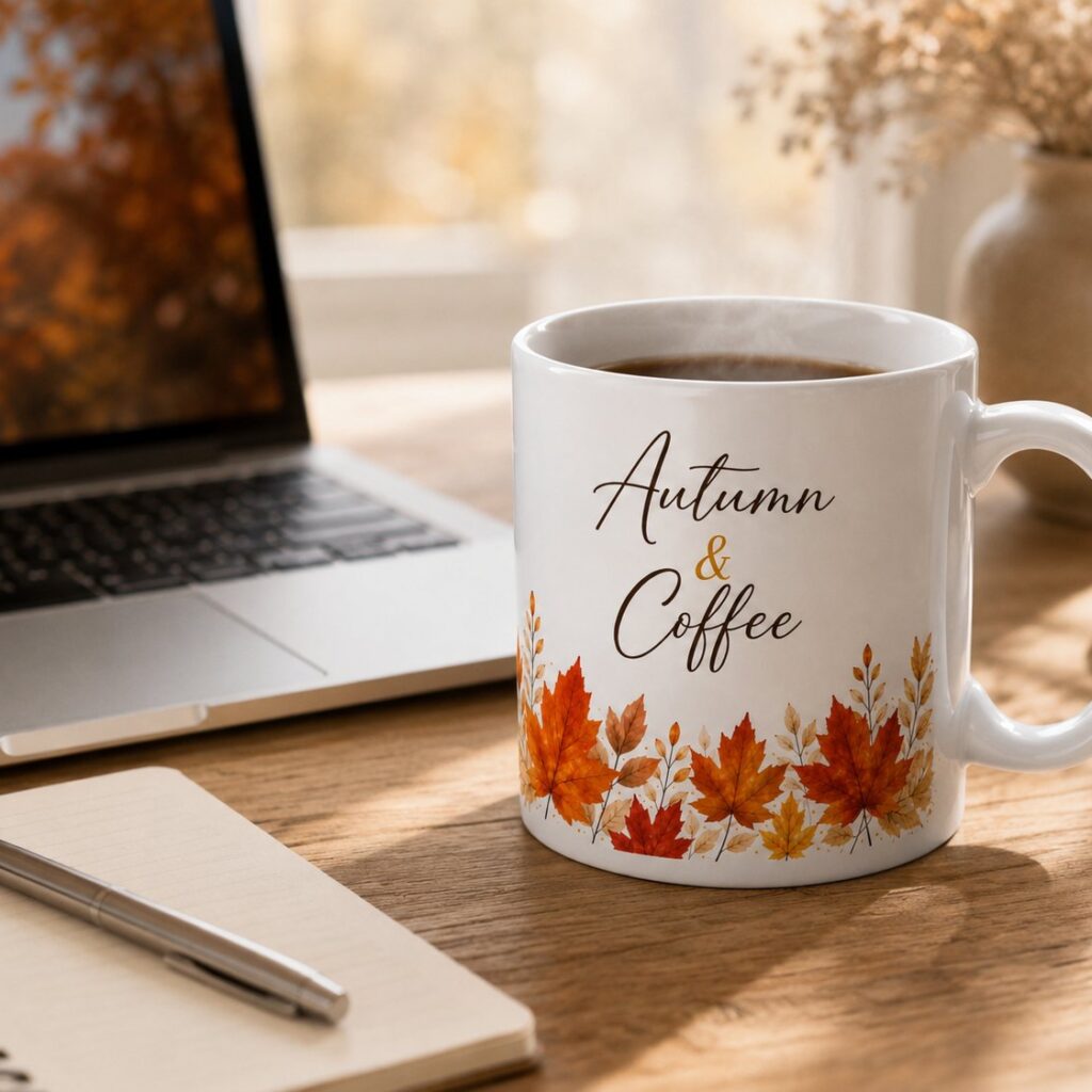 Autumn & Coffee mug on a desk beside a laptop - fall coffee mug for the office