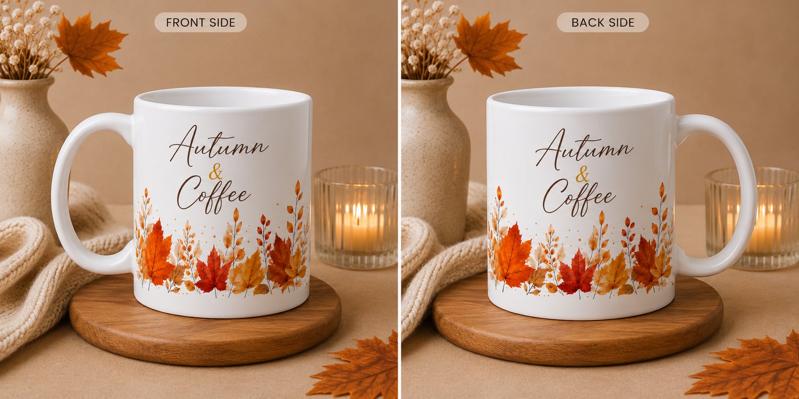 autumn-and-coffee-mug-front-back Autumn & Coffee 11oz ceramic mug front and back - watercolour fall leaves design - PrintMyVibe Toronto