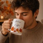 autumn-and-coffee-mug-model-drinking Man drinking from the Autumn & Coffee mug in a knit sweater - cozy fall mug Toronto