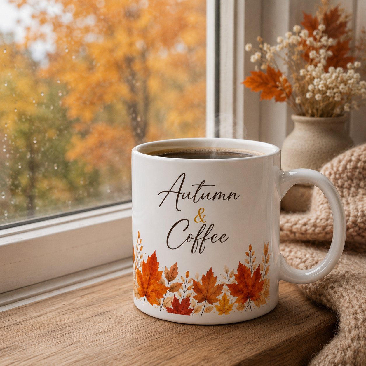 autumn-and-coffee-mug-window Autumn & Coffee mug by a window with fall trees outside - seasonal mug Canada