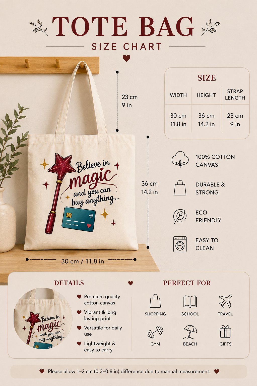 Believe In Magic Tote Bag — Funny Shopping Canvas Tote - size guide - PrintMyVibe Toronto