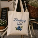 Blueberry Girl tote bag hanging on a bicycle outside a cafe - cottagecore canvas tote