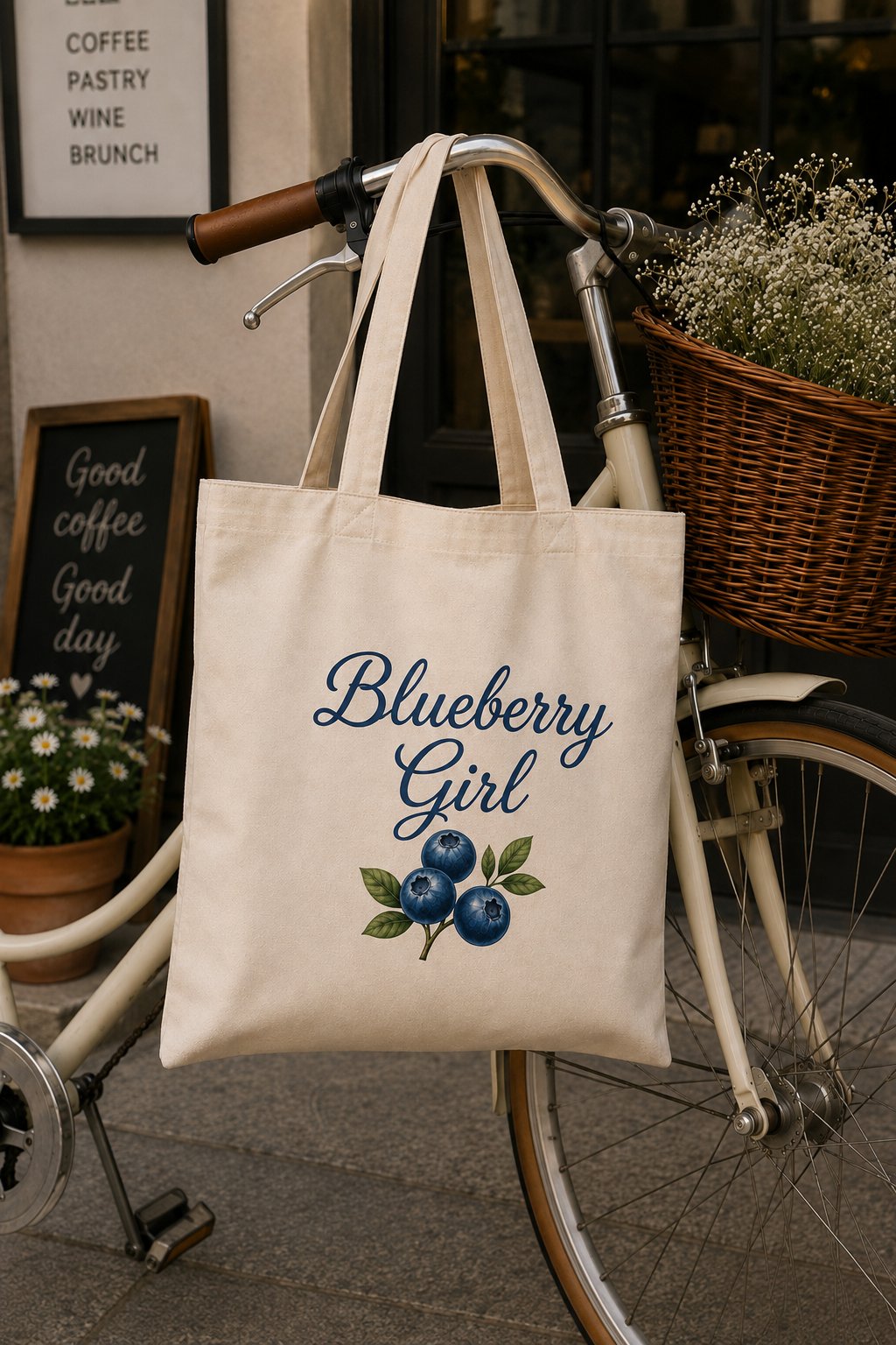 Blueberry Girl tote bag hanging on a bicycle outside a cafe - cottagecore canvas tote