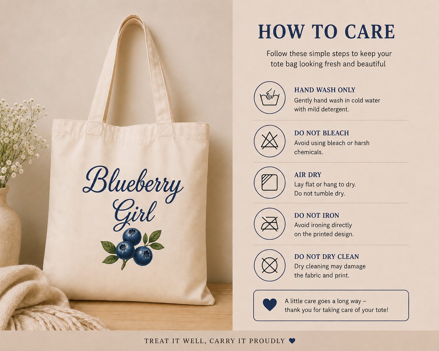 Blueberry Girl tote bag care instructions - hand wash cold, air dry, do not bleach or iron the print