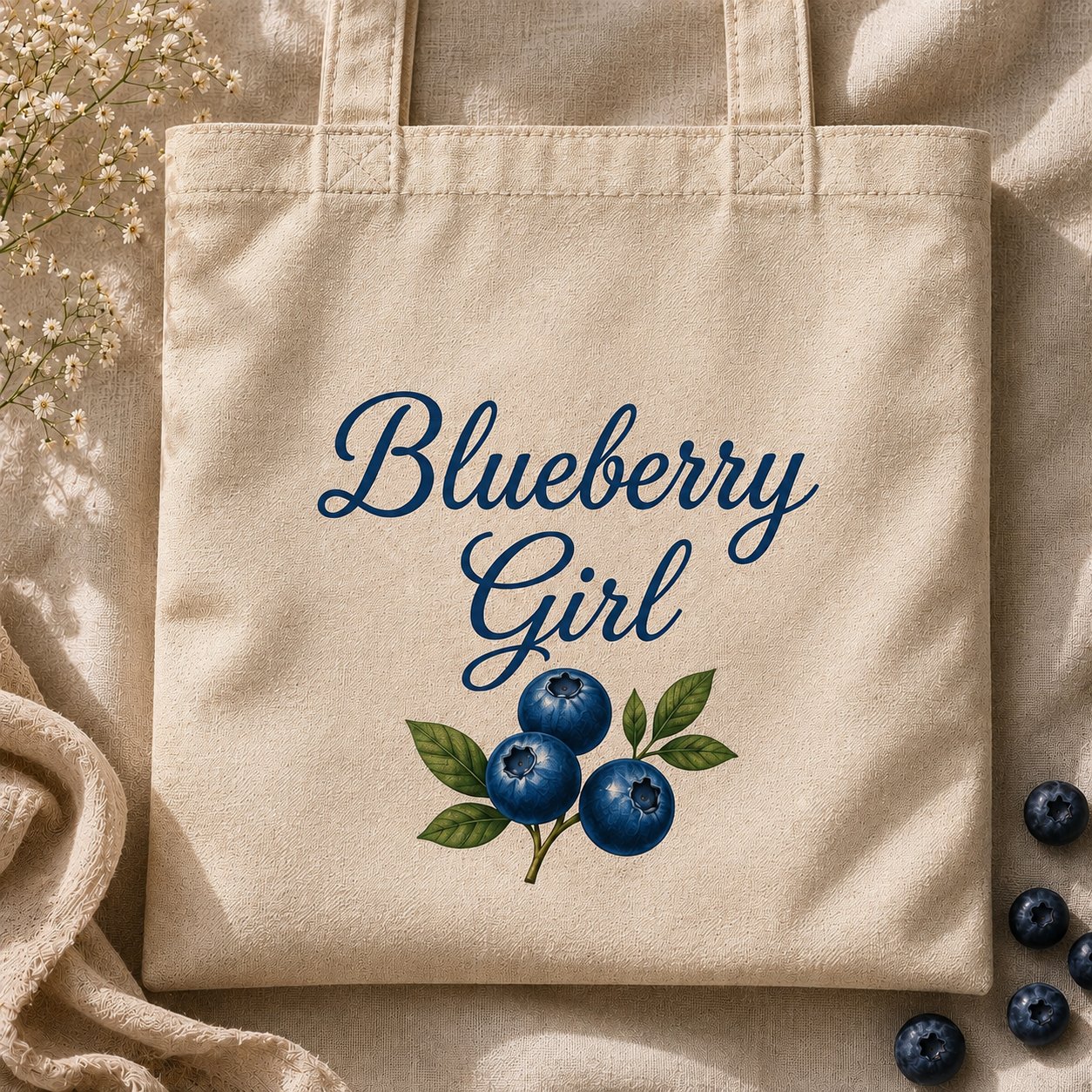 Blueberry Girl tote canvas texture close-up with fresh blueberries
