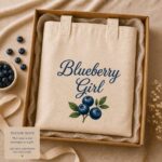 Blueberry Girl tote bag styled in a gift box with blueberries - gift box not included