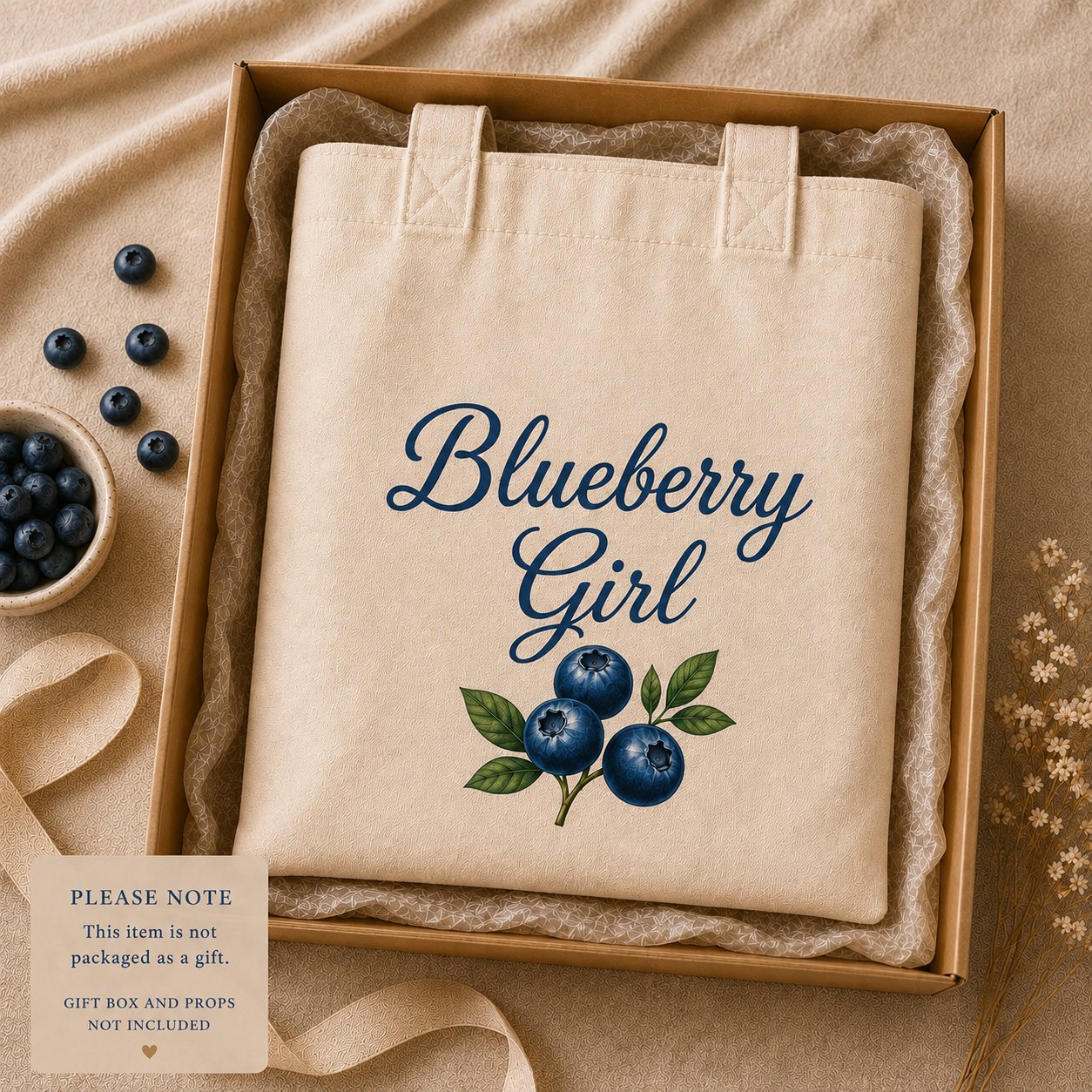 Blueberry Girl tote bag styled in a gift box with blueberries - gift box not included