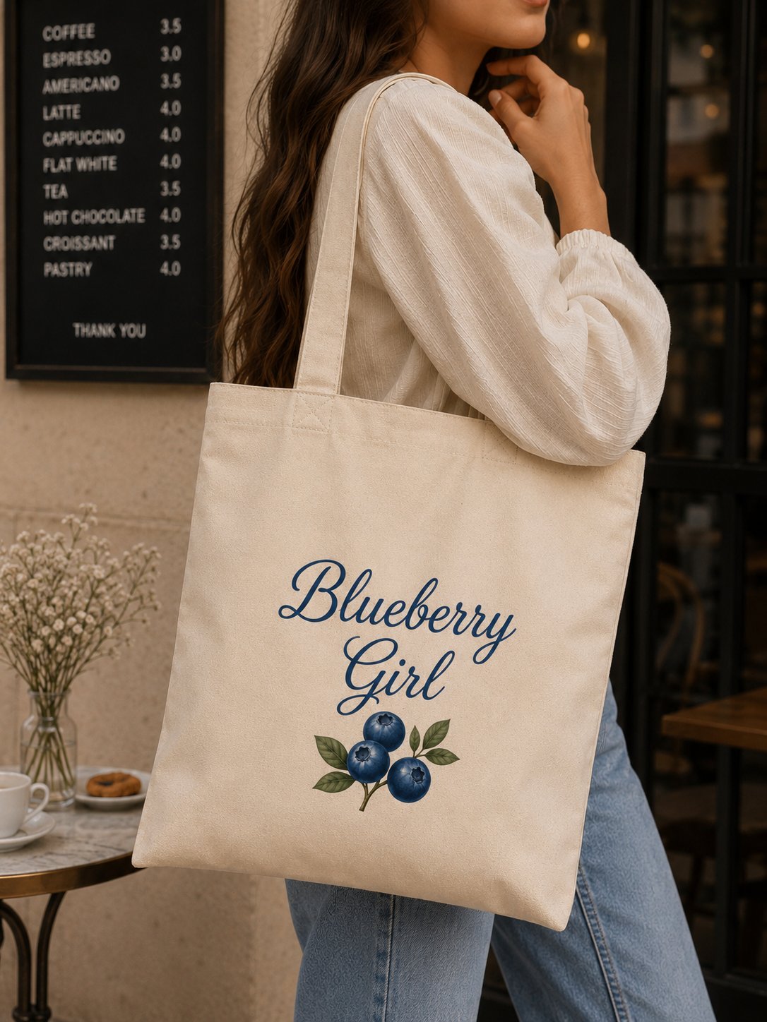 Woman carrying the Blueberry Girl canvas tote in a cafe - cottagecore tote bag Canada