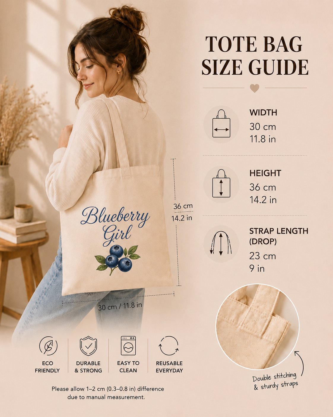 Blueberry Girl tote bag size guide - 30cm wide, 36cm tall, 23cm strap drop