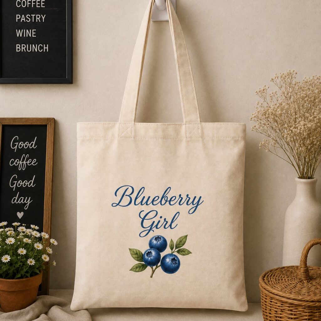 Blueberry Girl canvas tote bag hanging on a hook - cottagecore blueberry print - PrintMyVibe Toronto
