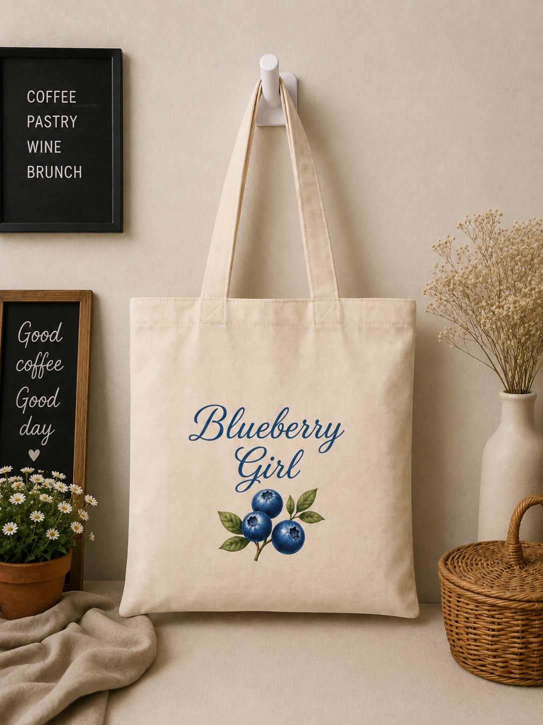 Blueberry Girl canvas tote bag hanging on a hook - cottagecore blueberry print - PrintMyVibe Toronto
