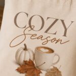 cozy-season-tote-bag-design-closeup Cozy Season tote design close-up - white pumpkin, latte and maple leaves on canvas