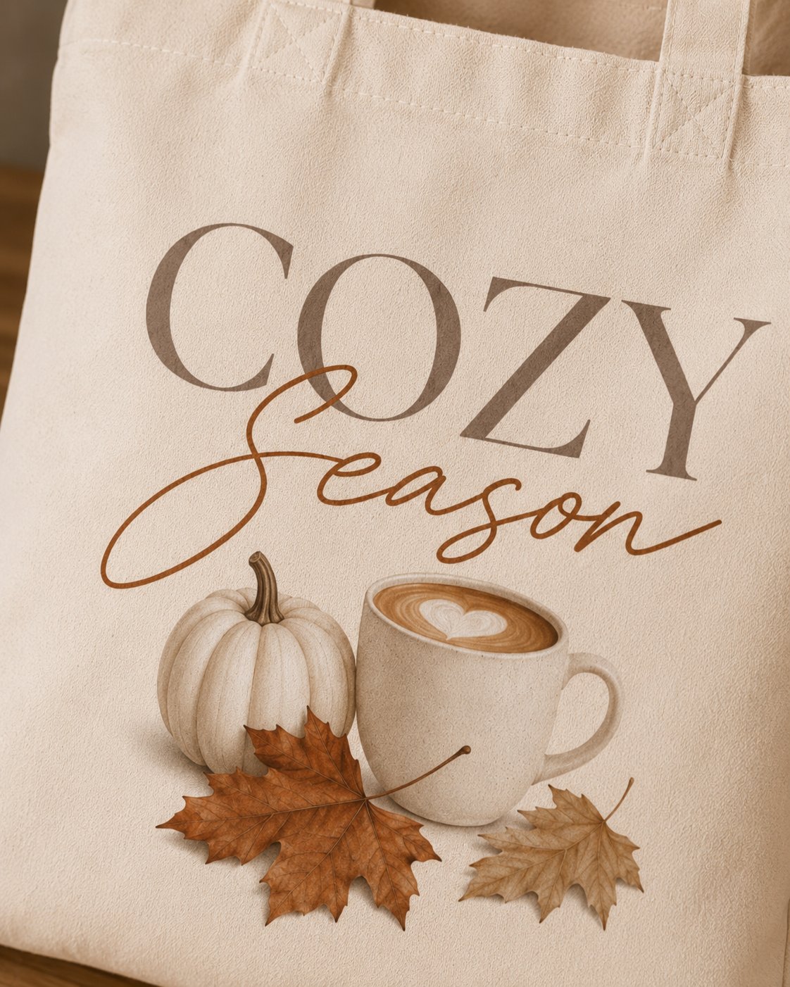 cozy-season-tote-bag-design-closeup Cozy Season tote design close-up - white pumpkin, latte and maple leaves on canvas