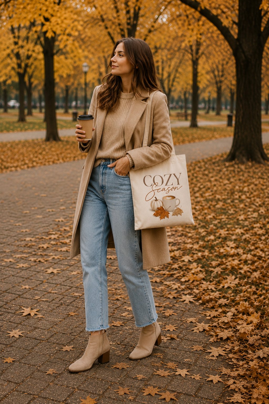 cozy-season-tote-bag-model-park Woman carrying the Cozy Season canvas tote in an autumn park - sweater weather bag GTA