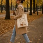 cozy-season-tote-bag-model-walking Woman walking through autumn leaves with the Cozy Season tote bag
