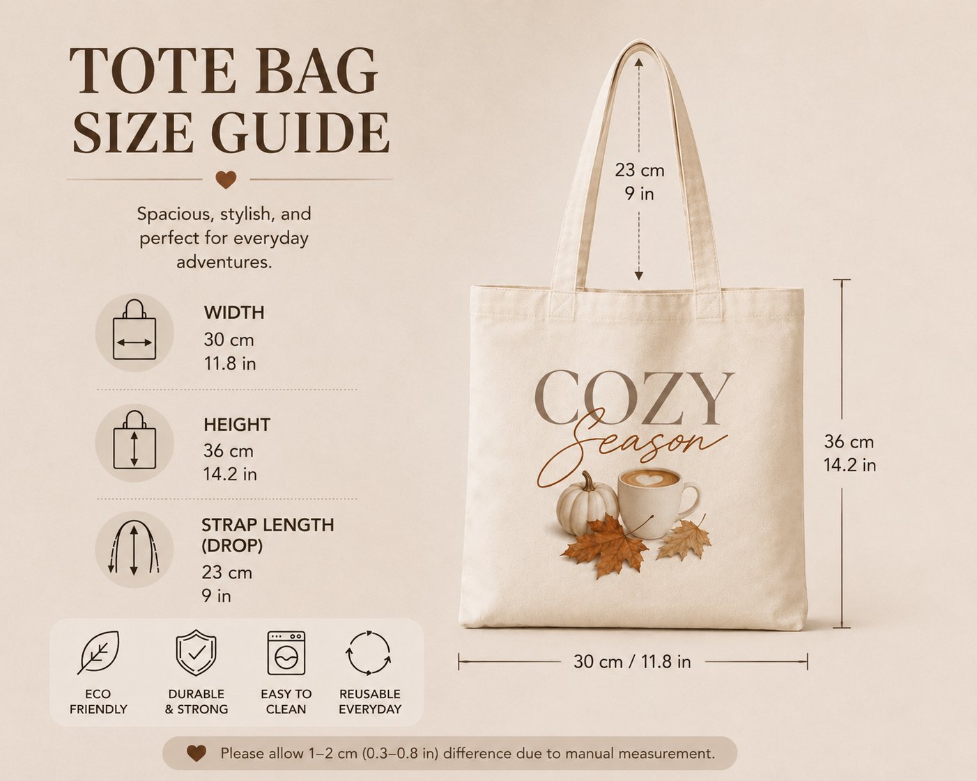 cozy-season-tote-bag-size-guide Cozy Season tote bag size guide - 30cm wide, 36cm tall, 23cm strap drop