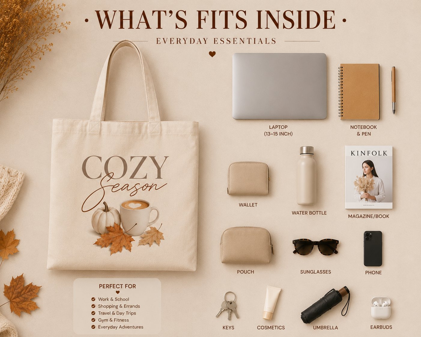 cozy-season-tote-bag-what-fits-inside What fits inside the Cozy Season tote - laptop, notebook, water bottle, umbrella and more