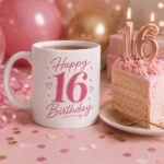 Happy 16th Birthday mug beside a slice of pink birthday cake with number 16 candles