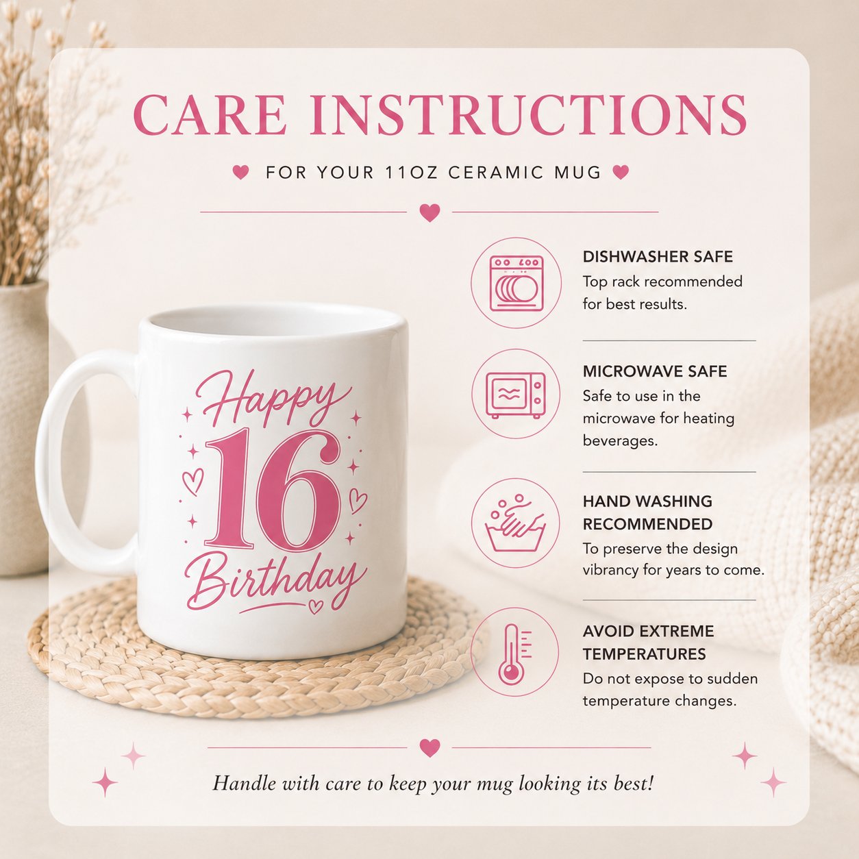 Happy 16th Birthday mug care instructions - dishwasher and microwave safe, hand wash recommended