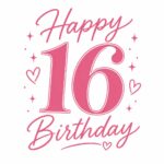 Happy 16 Birthday mug artwork - pink bubble script with hearts