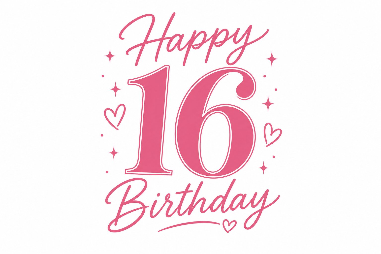 Happy 16 Birthday mug artwork - pink bubble script with hearts