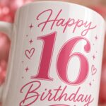 Happy 16 Birthday mug design close-up - pink script with hearts and sparkles