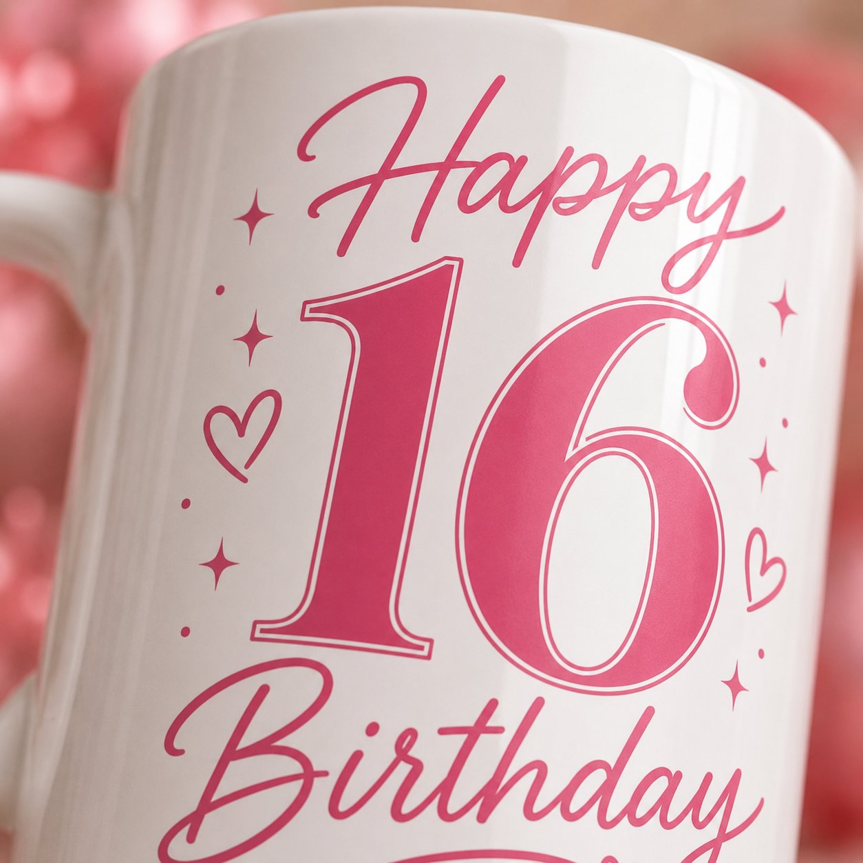 Happy 16 Birthday mug design close-up - pink script with hearts and sparkles