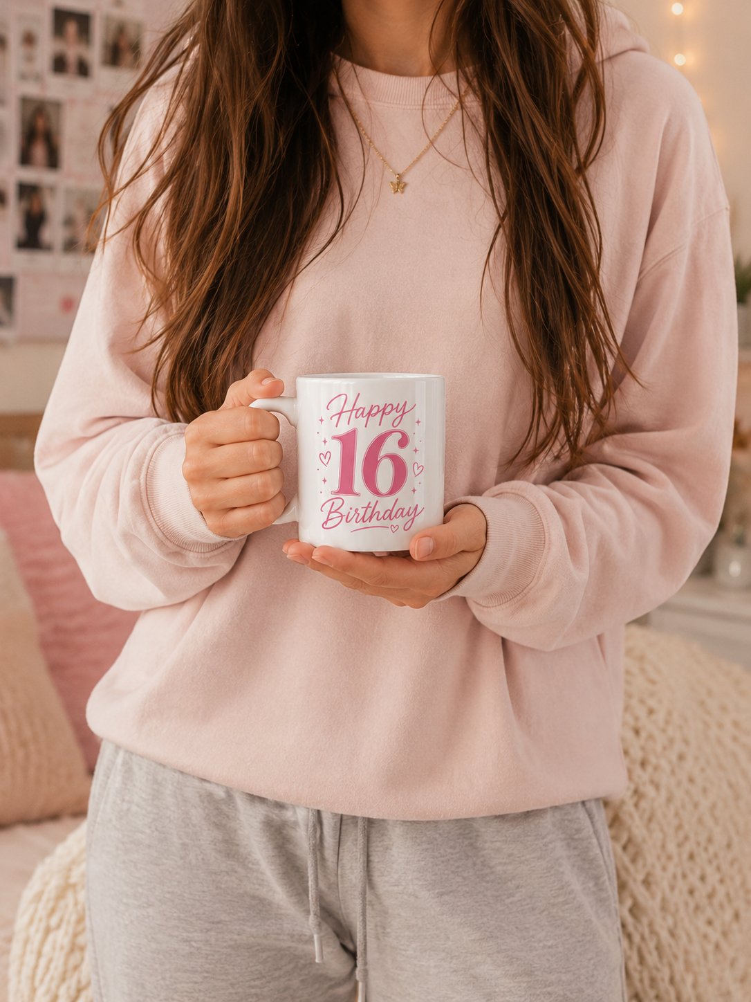 Teen girl holding the Happy 16th Birthday mug in a pink sweater - sweet 16 gift Toronto