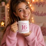Girl smiling with the Happy 16th Birthday mug under fairy lights - birthday gift Canada